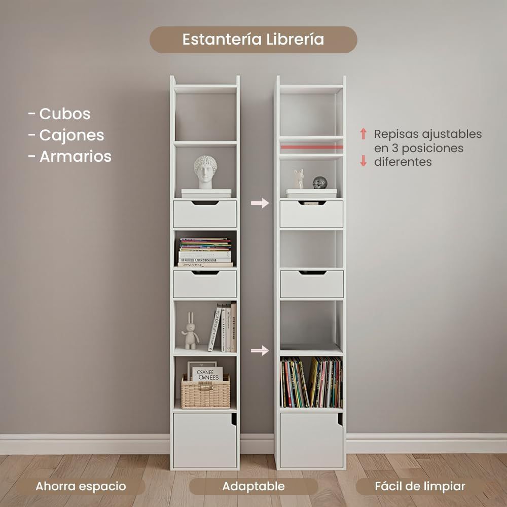 Detalle de los estantes ajustables de madera MDF con bordes superiores elevados de 5 cm para mayor seguridad.