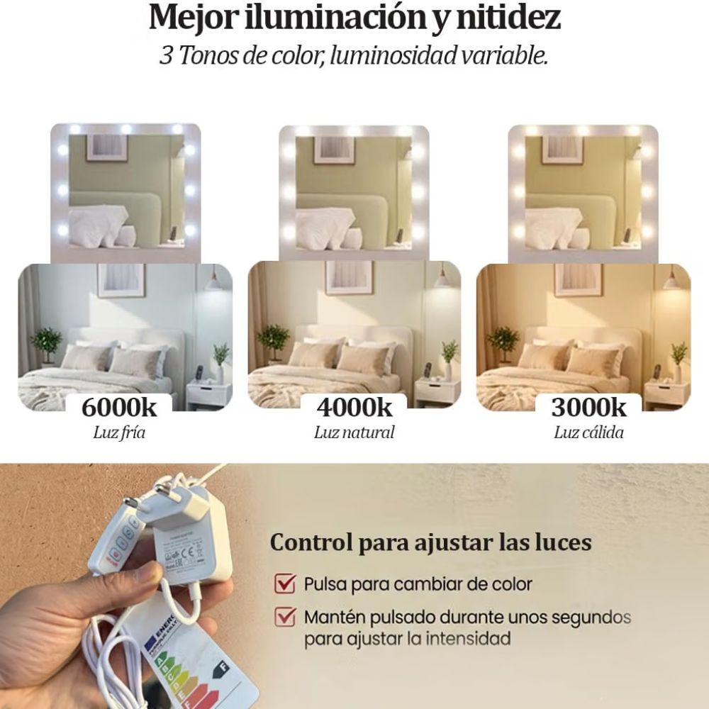 Espejo iluminado con bombillas LED regulables para un maquillaje profesional sin sombras.