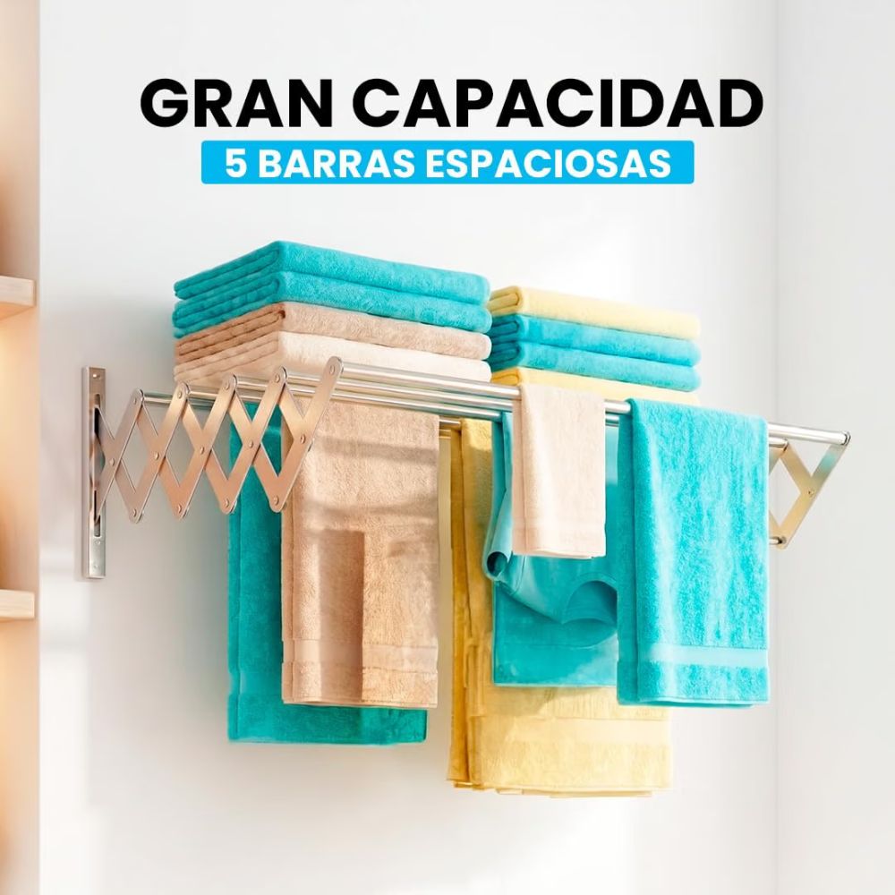 Tendedero de pared extensible instalado optimizando el espacio de un bal