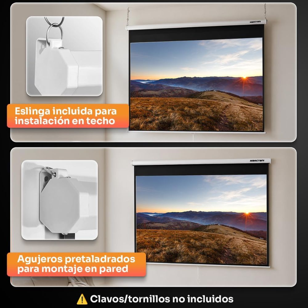 Tirador inferior y sistema de bloqueo manual para ajustar la altura exacta de la pantalla de proyección.