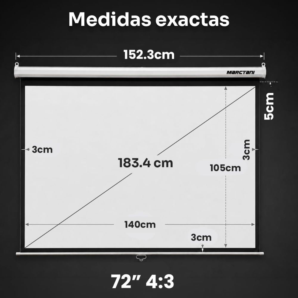 Esquema de medidas y anclajes del cajetín para las pantallas Marctani disponibles en 72, 84 y 120 pulgadas.