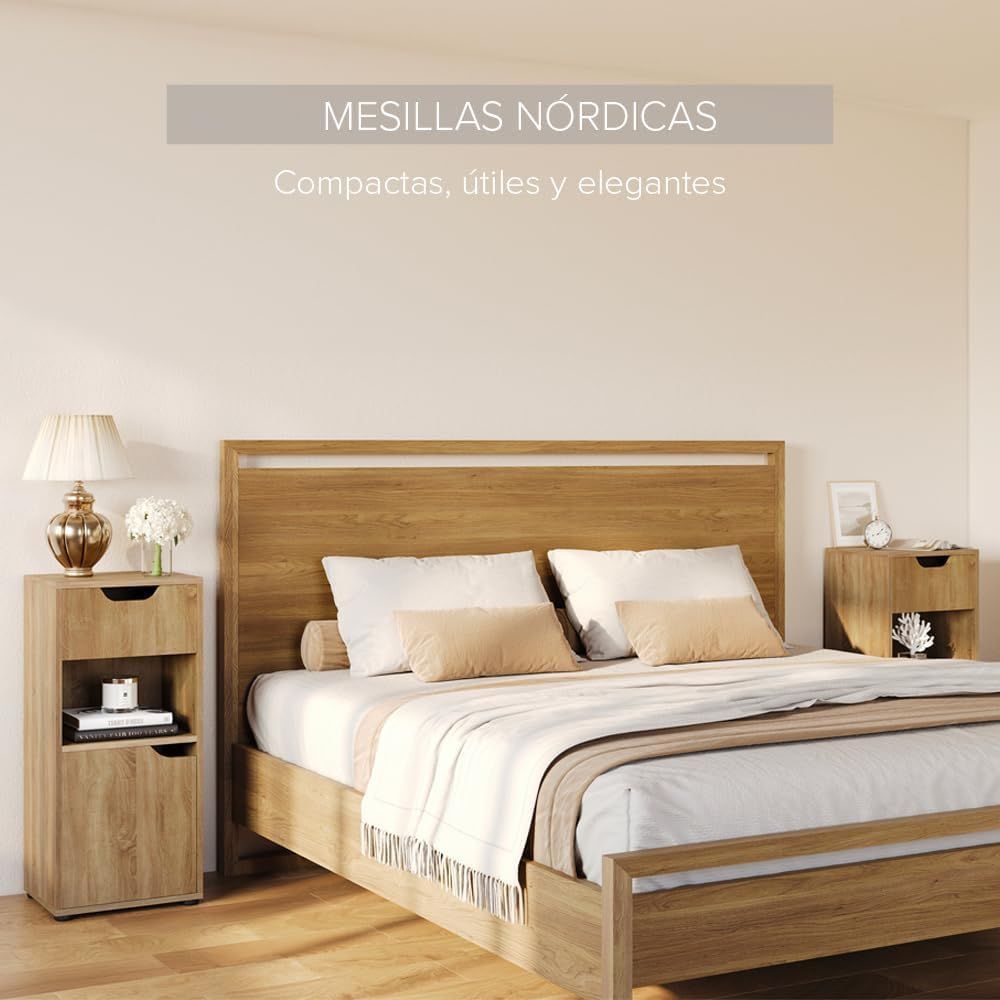 Mesita de noche estrecha nórdica Marctani en tonos blanco y madera.