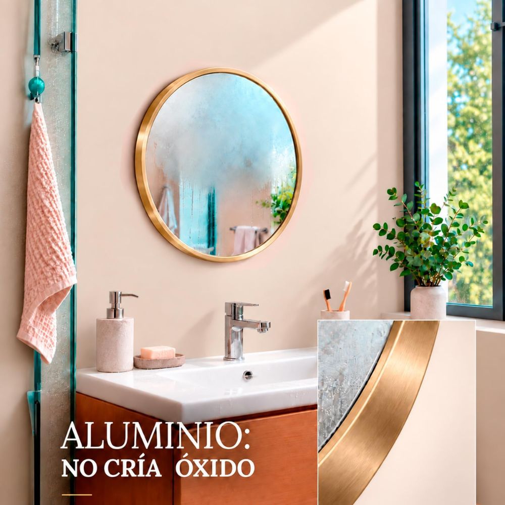 Espejo redondo decorativo dorado de pared en un recibidor moderno.
