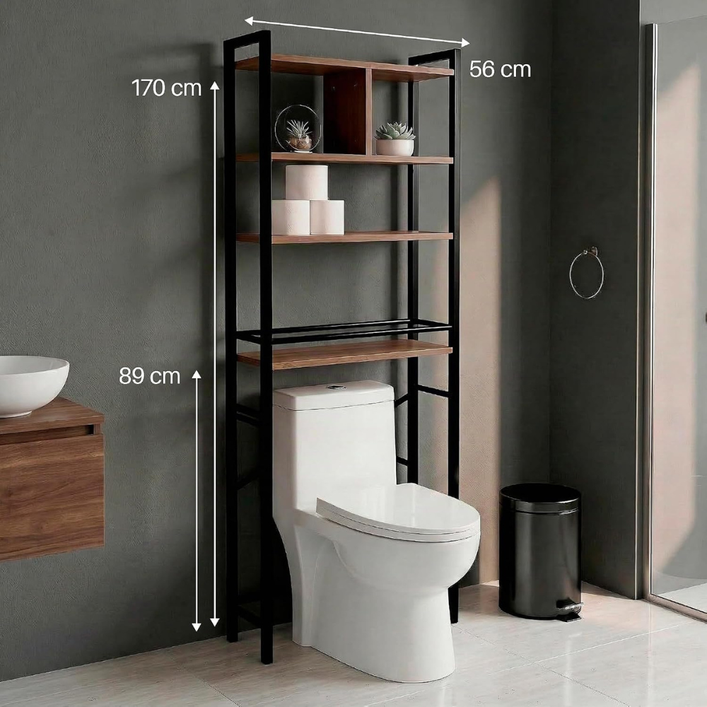 Medidas de la estantería de baño Marctani: 170 cm de alto, 60 cm de ancho y 89 cm de base libre para el inodoro