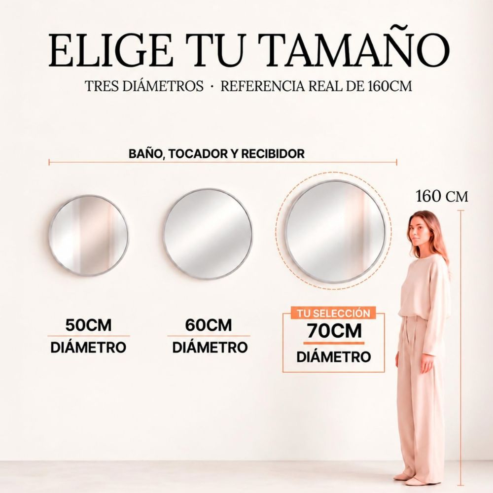 Diferentes medidas y colores del espejo redondo de pared Marctani.