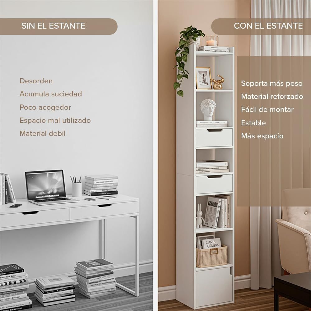Estantería vertical blanca de diseño minimalista optimizando el espacio y almacenaje en una habitación pequeña.