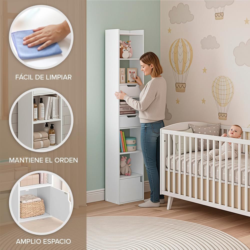 Detalle de los estantes ajustables de madera MDF con bordes superiores elevados de 5 cm para mayor seguridad.