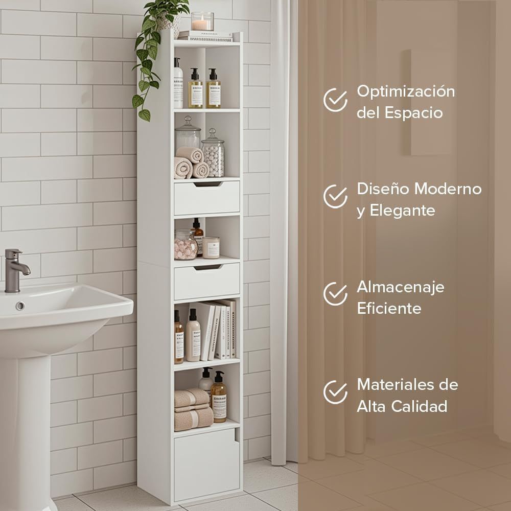 Estantería librería blanca estrecha Marctani con 6 niveles abiertos y 3 cajones inferiores.