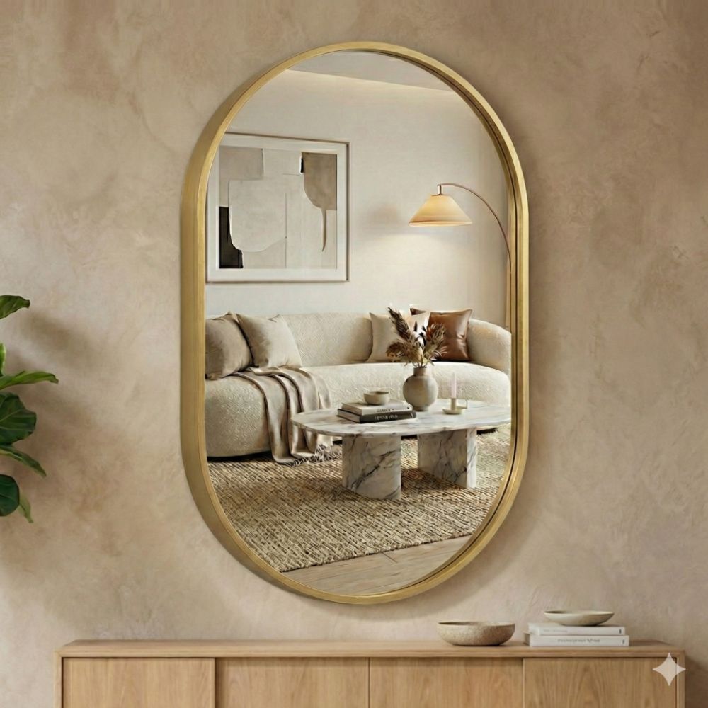 Espejo ovalado de pared Marctani con marco metálico fino en acabado dorado elegante.