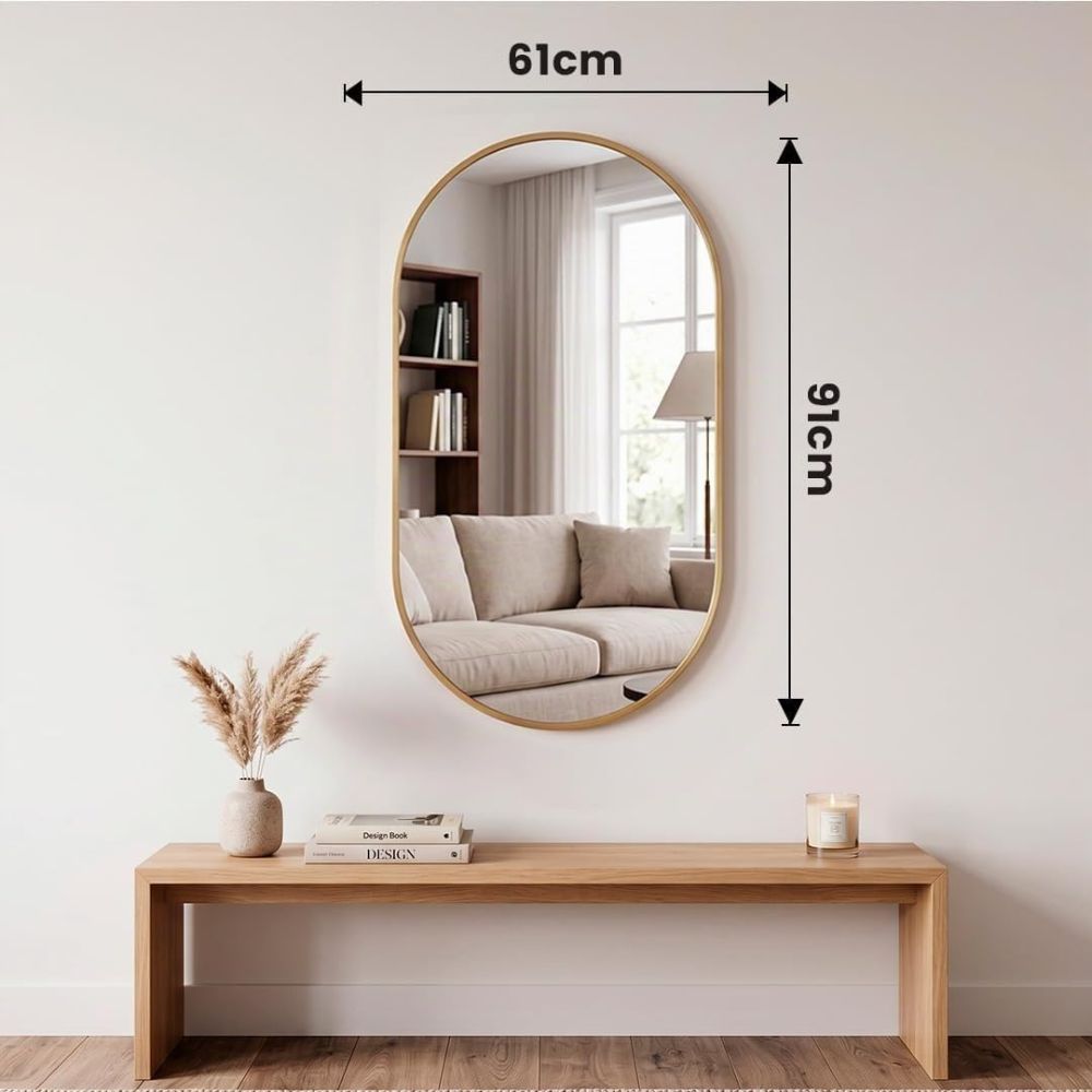 Proporciones del espejo ovalado en sus medidas disponibles de 70x40 cm, 75x50 cm y 91x61 cm