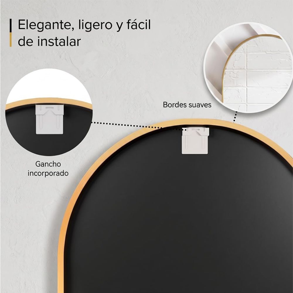 Espejo ovalado con cristal HD instalado sobre un lavabo doble en un baño moderno.