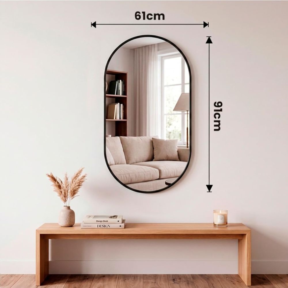 Proporciones del espejo ovalado en sus medidas disponibles de 70x40 cm, 75x50 cm y 91x61 cm
