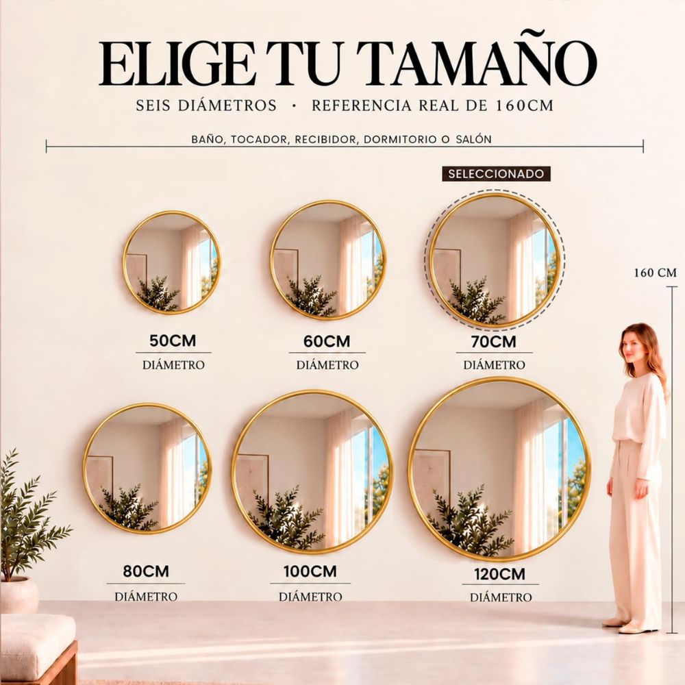 Diferentes medidas y colores del espejo redondo de pared Marctani.