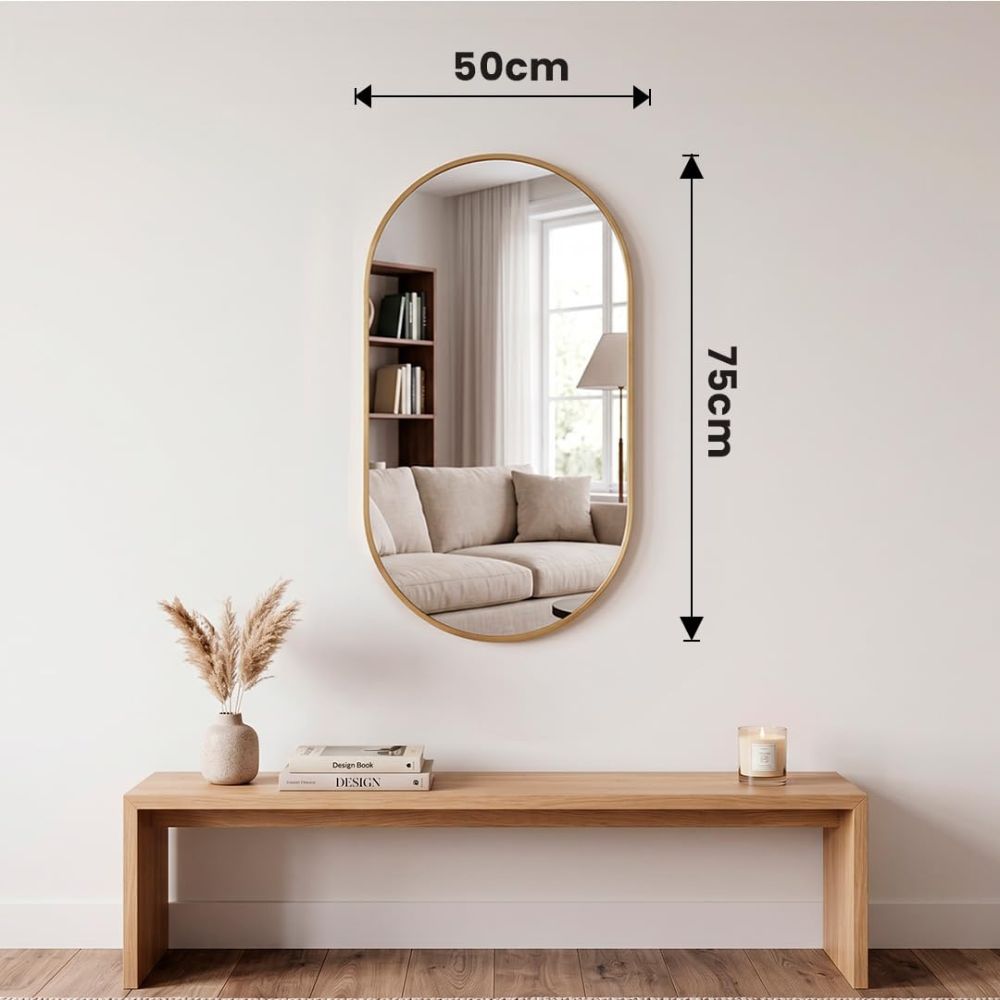 Proporciones del espejo ovalado en sus medidas disponibles de 70x40 cm, 75x50 cm y 91x61 cm