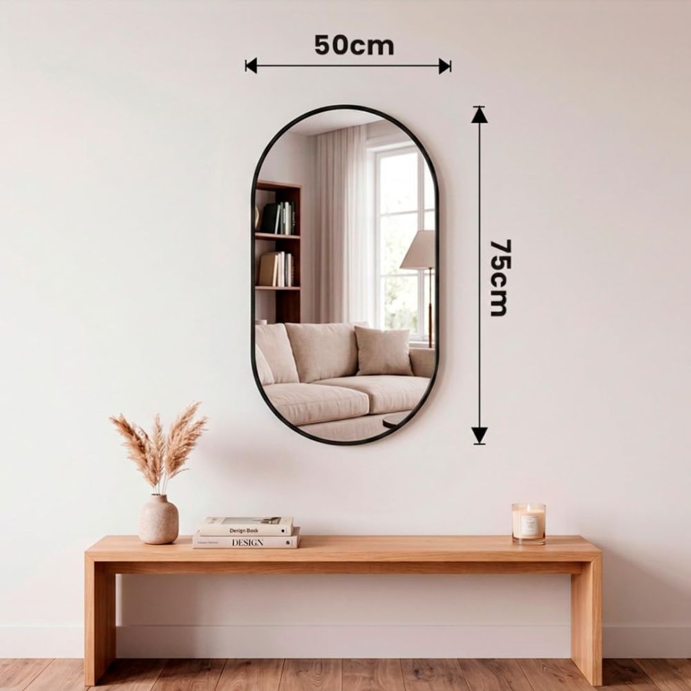 Proporciones del espejo ovalado en sus medidas disponibles de 70x40 cm, 75x50 cm y 91x61 cm