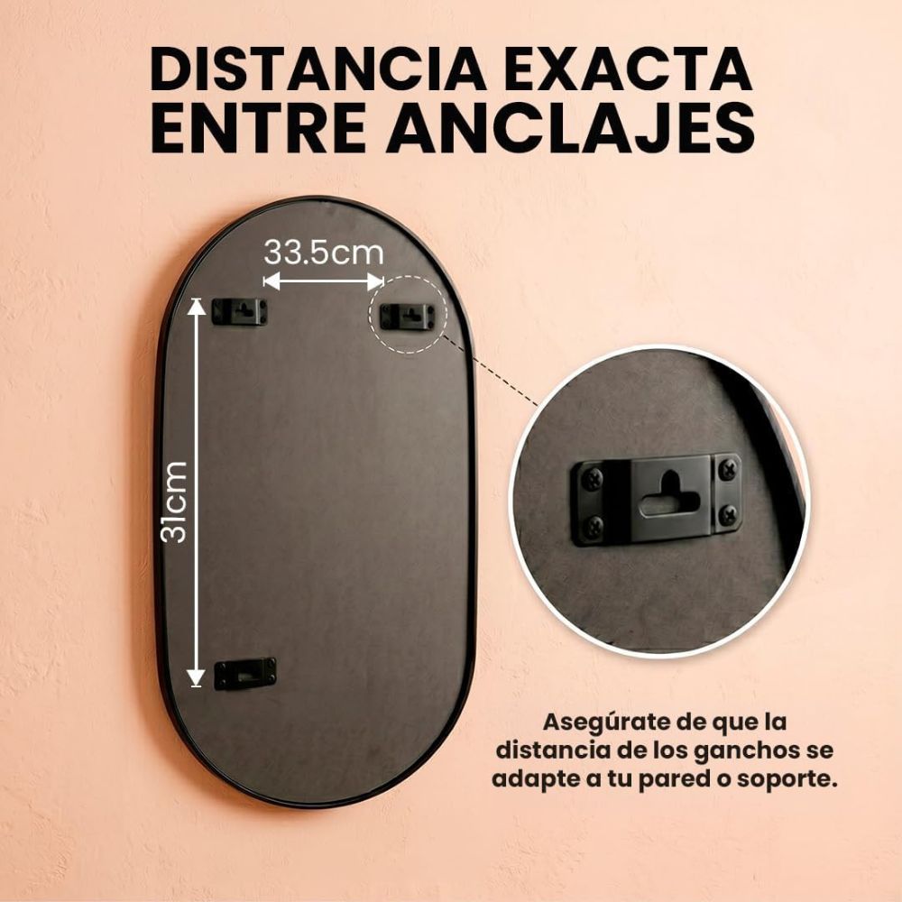 Detalle del marco metálico antihumedad y anclajes traseros de seguridad del espejo ovalado.