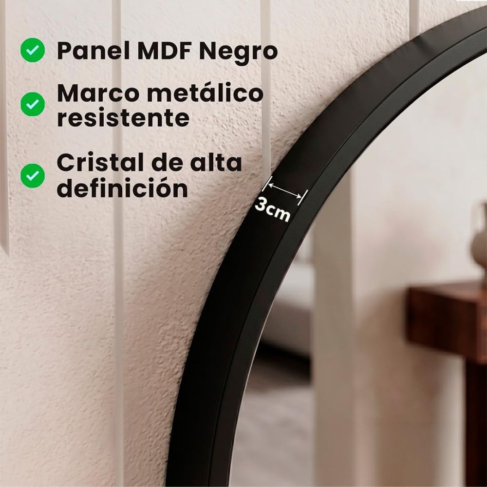 Detalle del marco metálico antihumedad y anclajes traseros de seguridad del espejo ovalado.