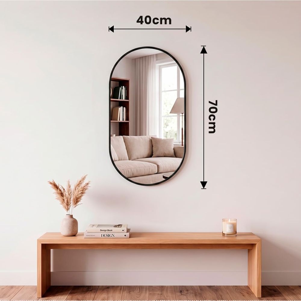 Proporciones del espejo ovalado en sus medidas disponibles de 70x40 cm, 75x50 cm y 91x61 cm