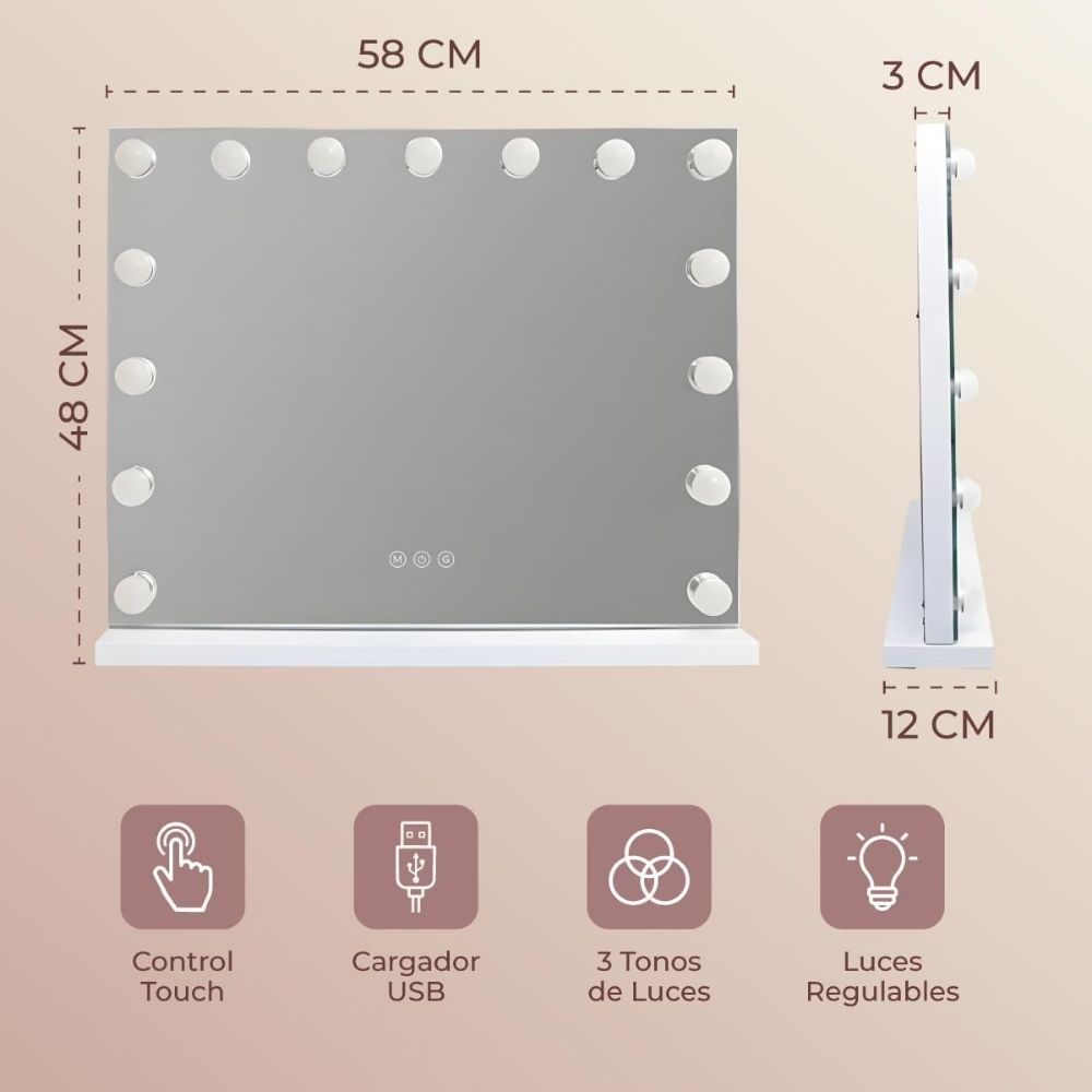 Puerto de carga USB integrado en el espejo de maquillaje luminoso Marctani de 58x46 cm.