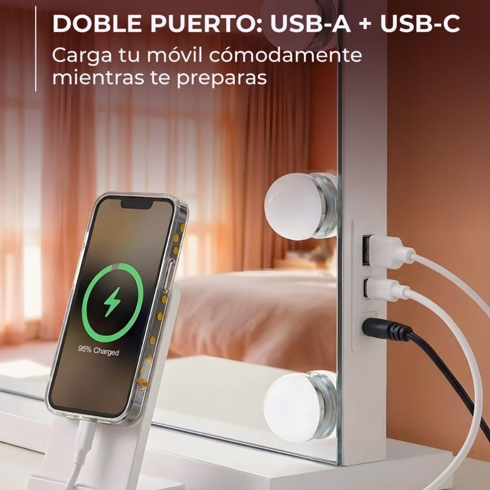 Marctani Espejo de Maquillaje Hollywood, 15 Luces LED Regulables, USB, 58x46 cm (Blanco)
