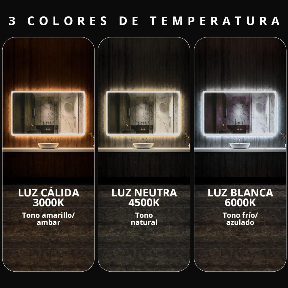 Espejo de baño inteligente LED Marctani sin marco con iluminación frontal regulable.