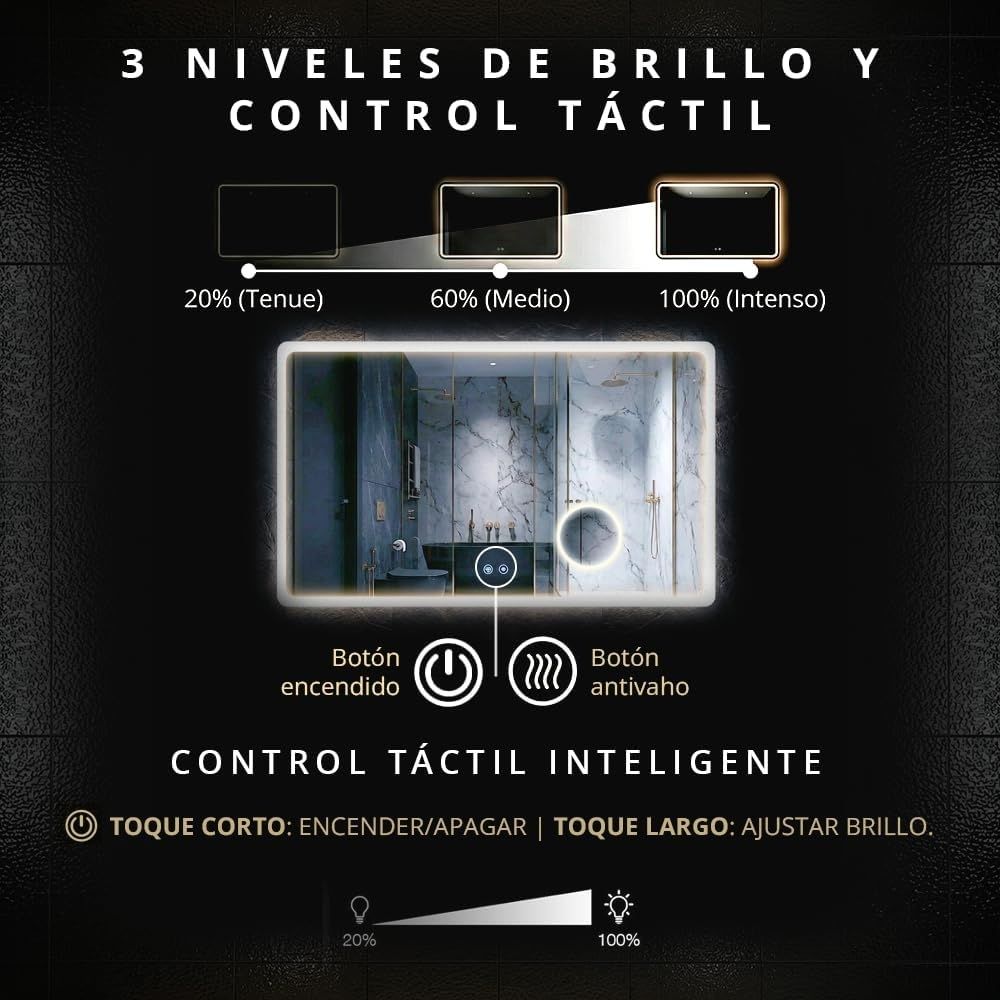 Botones táctiles del espejo retroiluminado ajustando las tres temperaturas de color: cálida, neutra y fría.