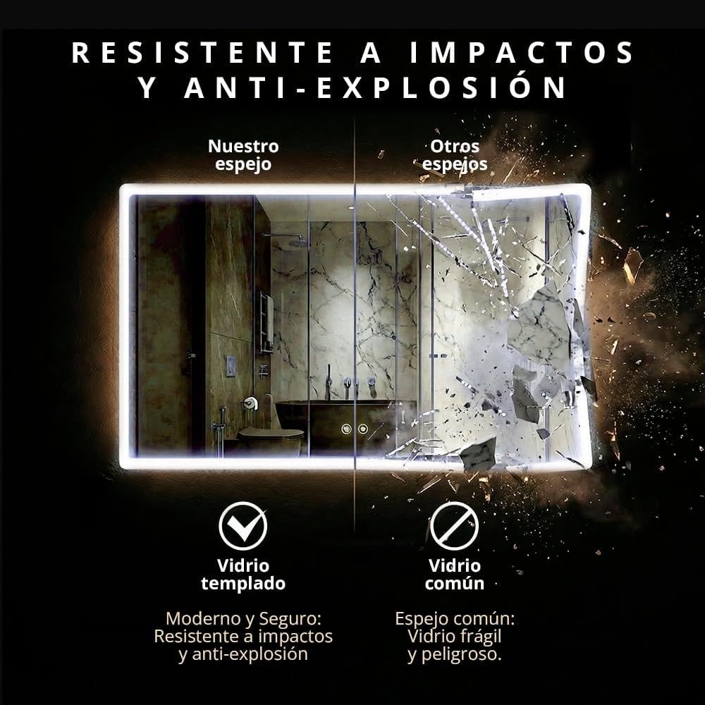 Detalle de la función antivaho activa en el espejo inteligente Marctani, manteniendo el cristal HD libre de vapor.