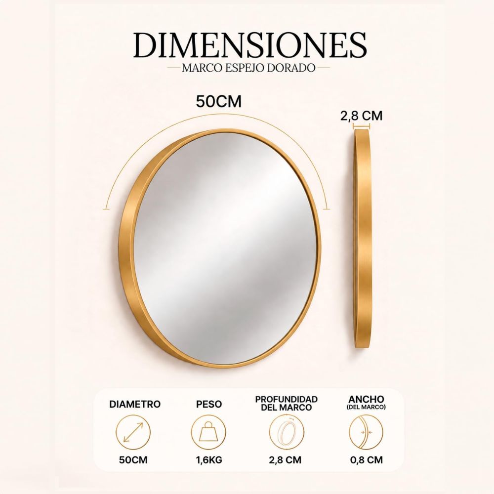 Espejo redondo decorativo dorado de pared en un recibidor moderno.
