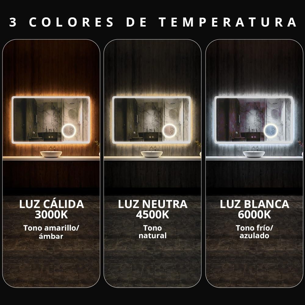 Espejo de baño inteligente LED Marctani sin marco con iluminación frontal regulable.