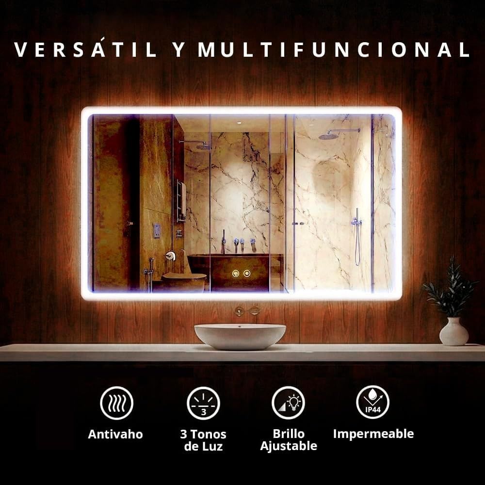 Detalle de la función antivaho activa en el espejo inteligente Marctani, manteniendo el cristal HD libre de vapor.