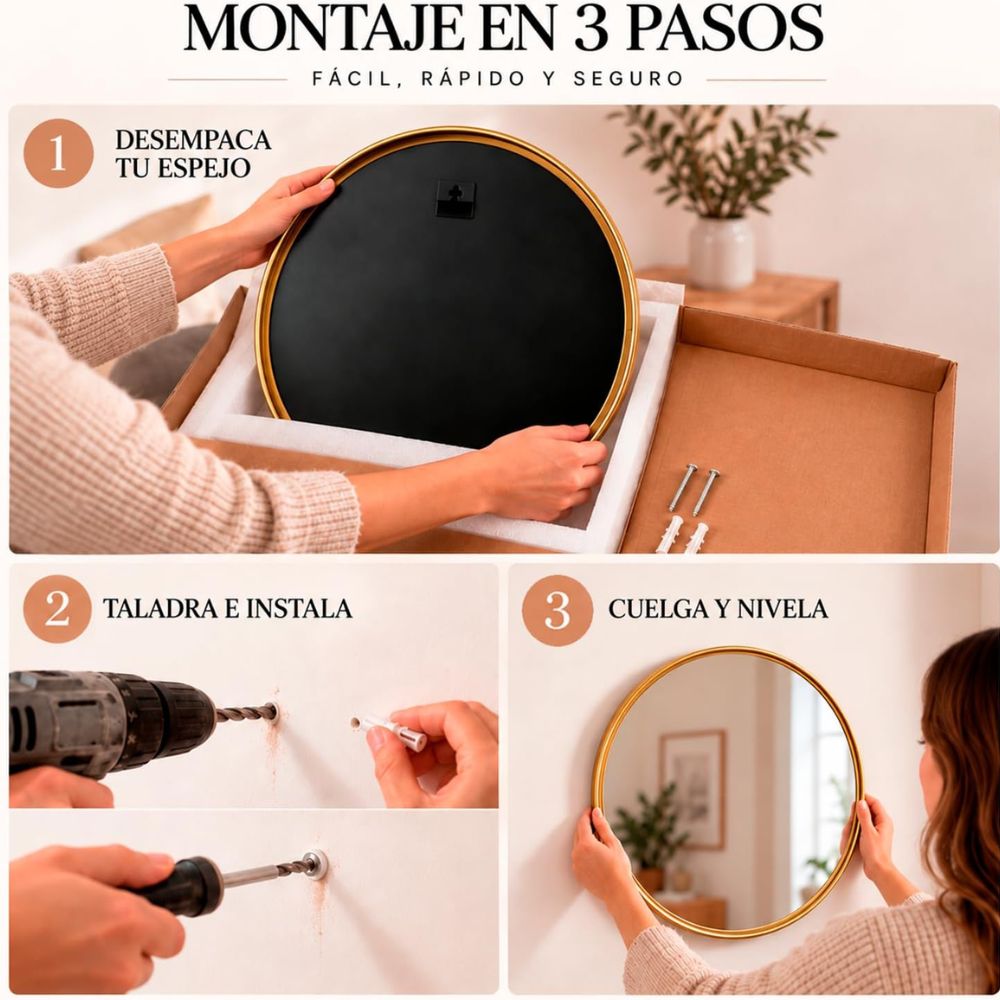 Diferentes medidas y colores del espejo redondo de pared Marctani.