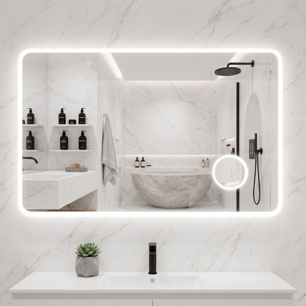 Espejo de baño inteligente LED Marctani sin marco con iluminación frontal regulable.