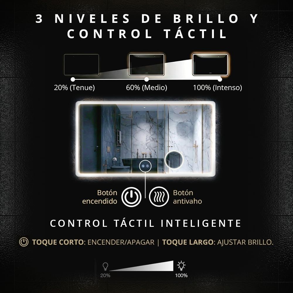Botones táctiles del espejo retroiluminado ajustando las tres temperaturas de color: cálida, neutra y fría.