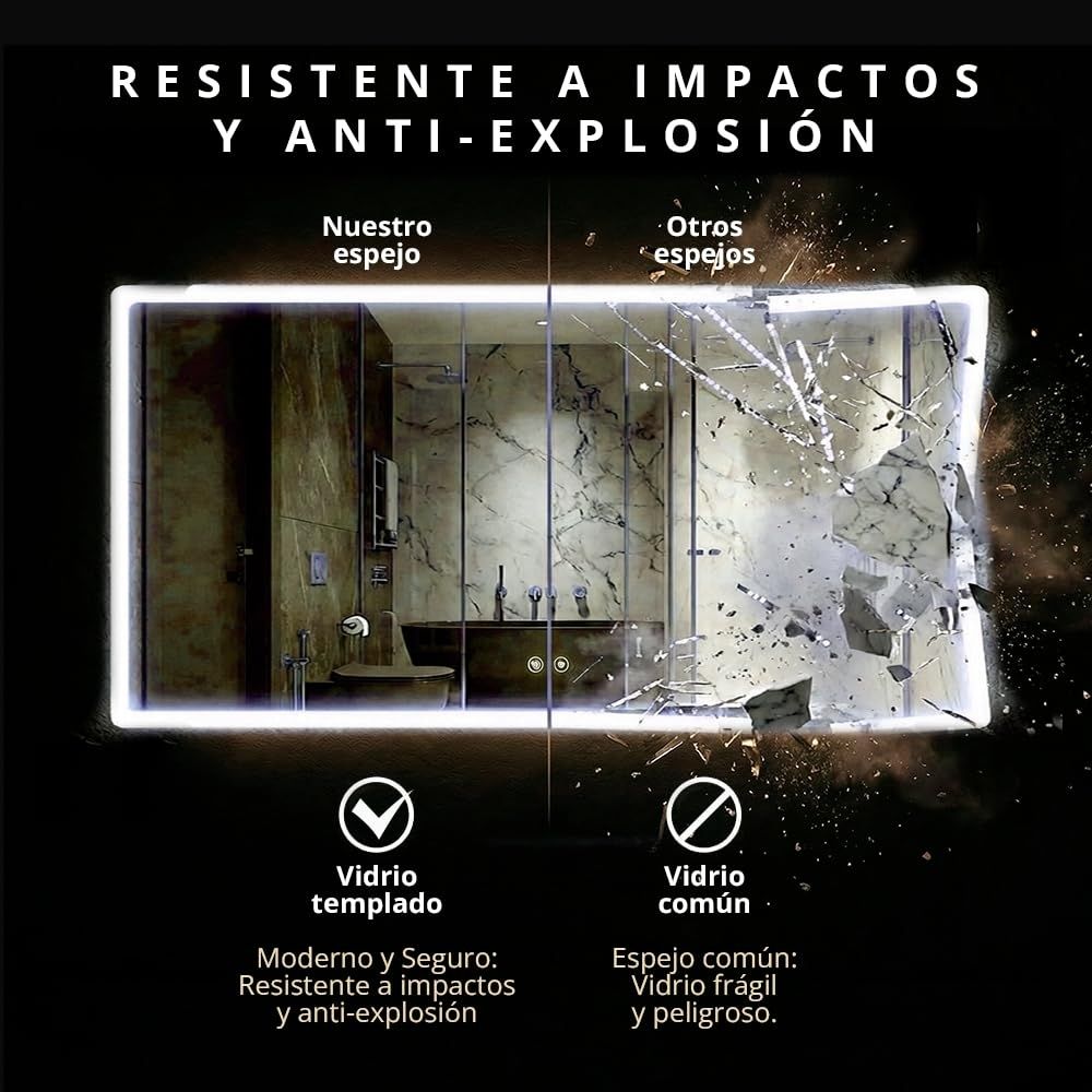 Detalle de la función antivaho activa en el espejo inteligente Marctani, manteniendo el cristal HD libre de vapor.