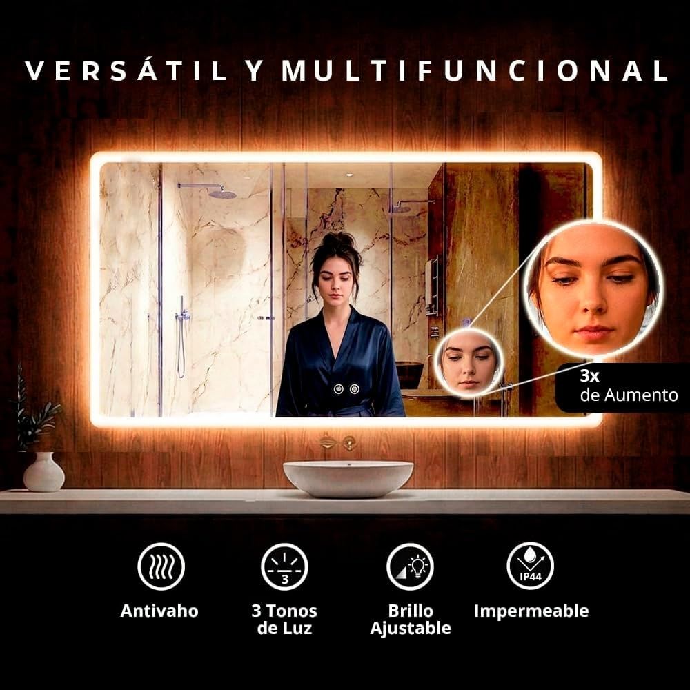 Acercamiento a la lente de Zoom X3 integrada en el espejo LED para maquillaje de precisión y afeitado.