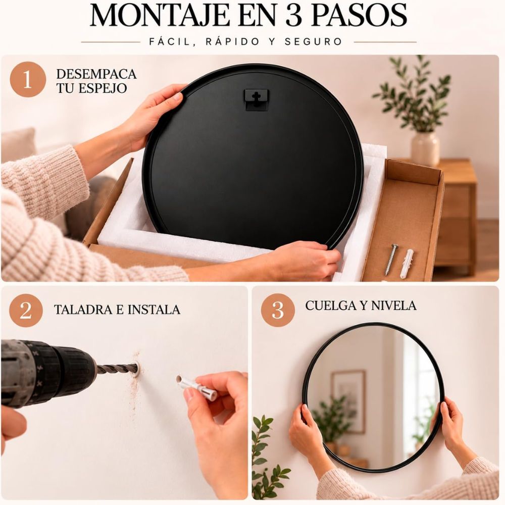 Diferentes medidas y colores del espejo redondo de pared Marctani.