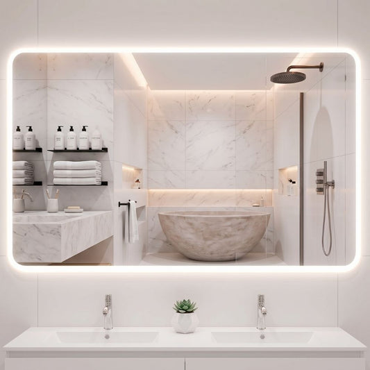 Espejo de baño inteligente LED Marctani sin marco con iluminación frontal regulable.