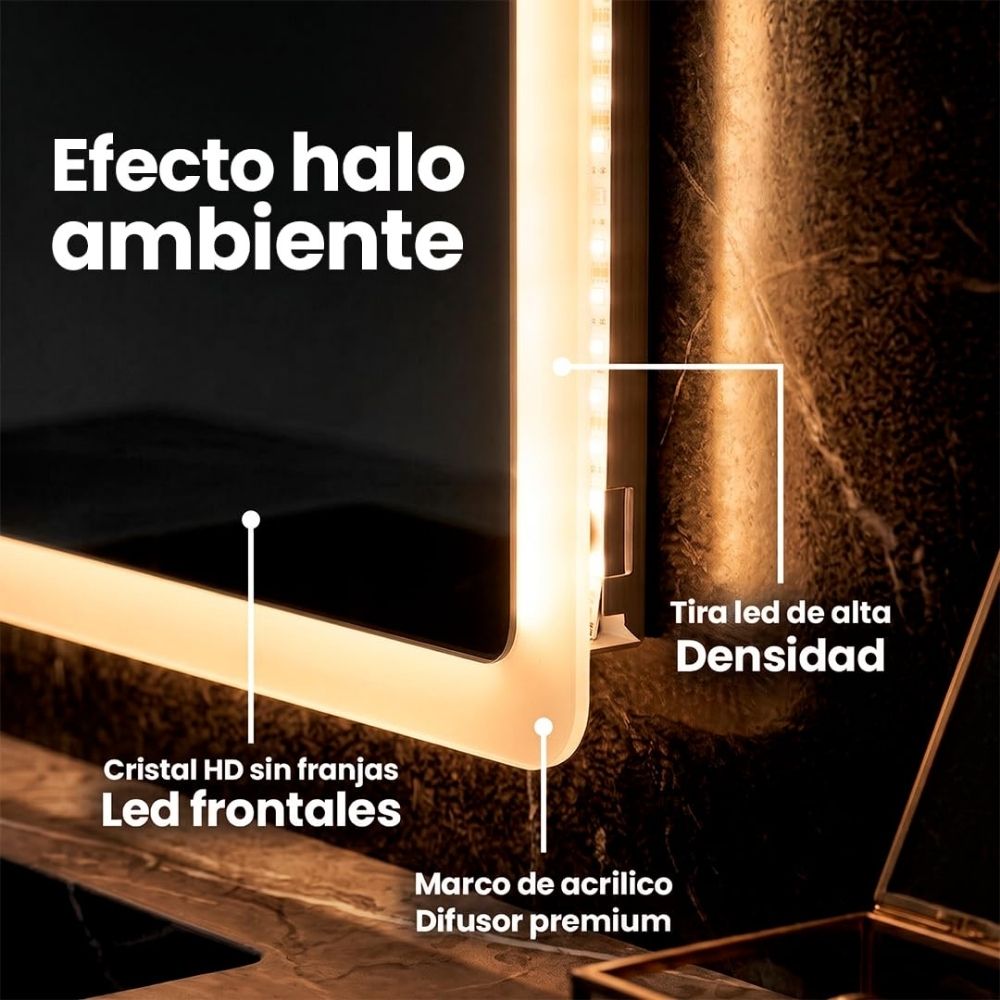 Espejo de baño inteligente LED Marctani sin marco con iluminación frontal regulable.