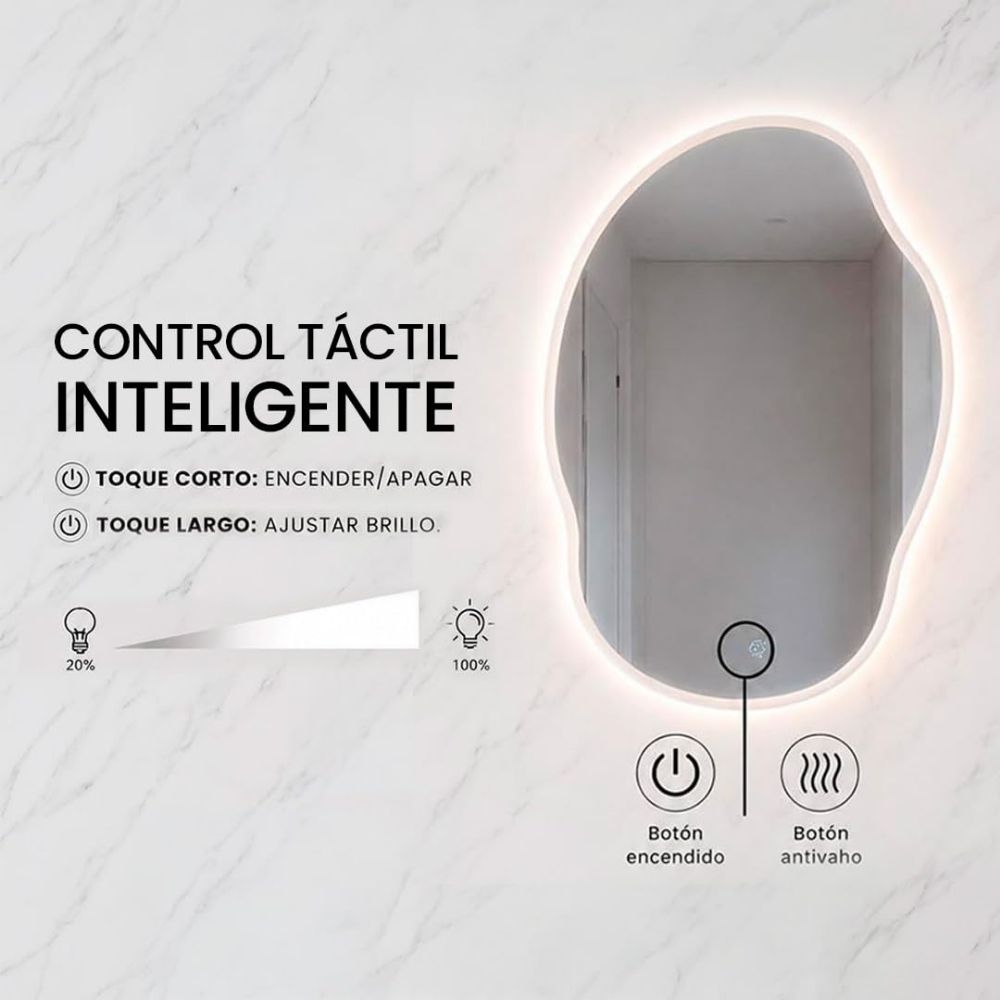 Detalle del panel táctil del espejo asimétrico LED con luz regulable.