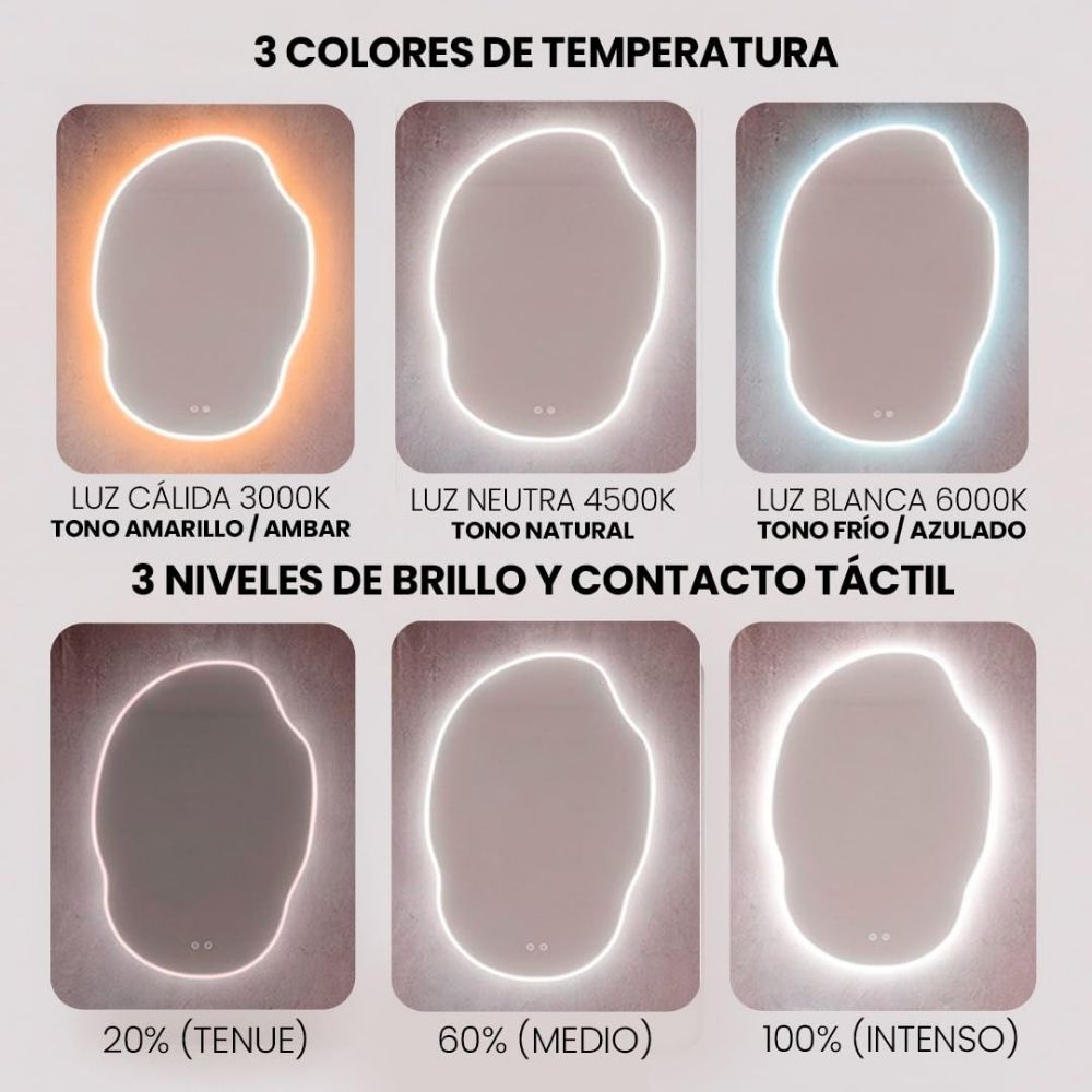 Espejo irregular LED instalado en un cuarto de baño moderno sobre el lavabo.