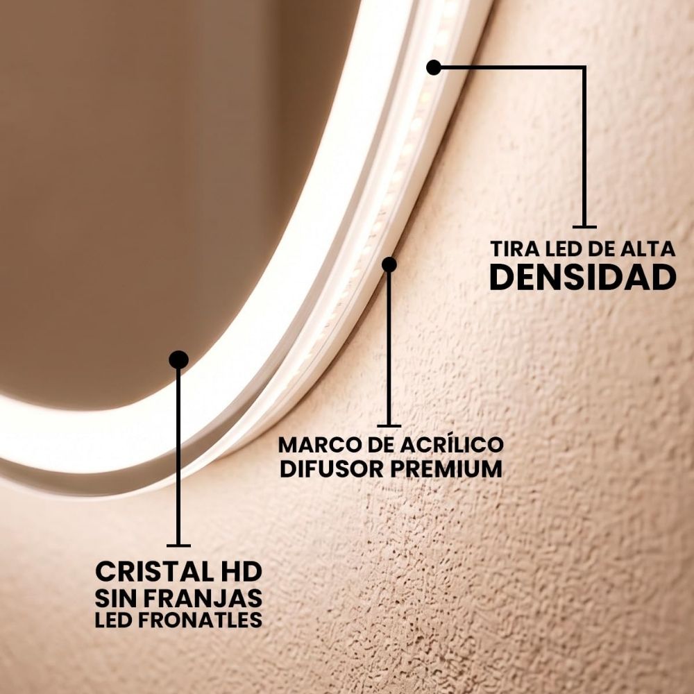Detalle del panel táctil del espejo asimétrico LED con luz regulable.