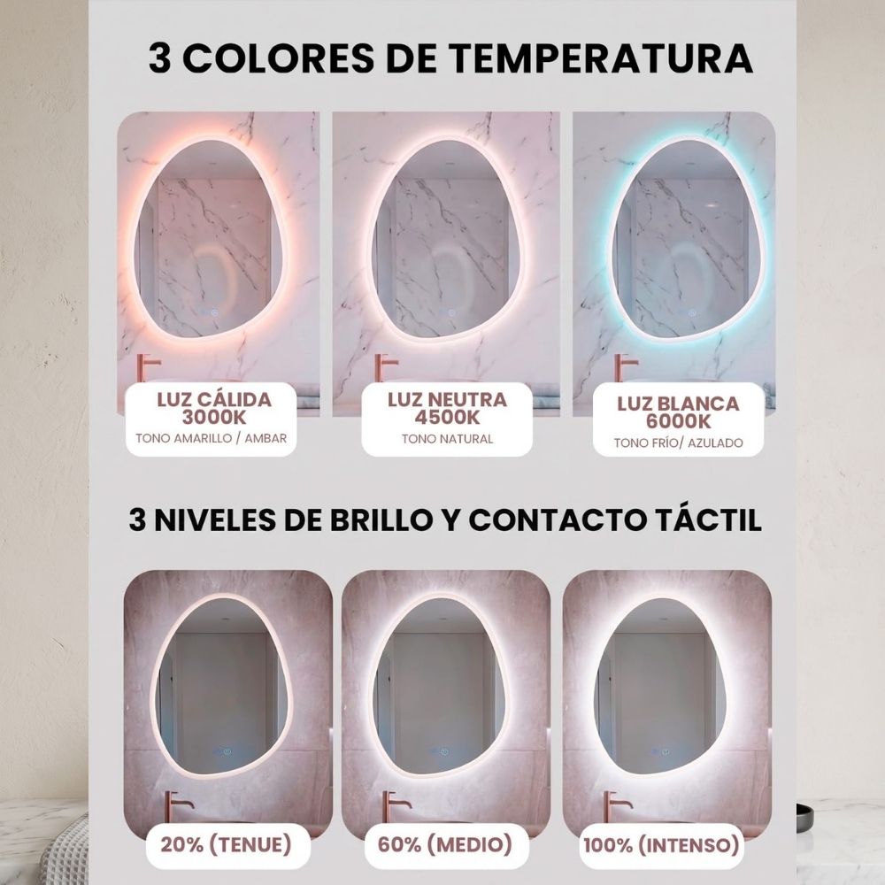 Espejo irregular LED instalado en un cuarto de baño moderno sobre el lavabo.
