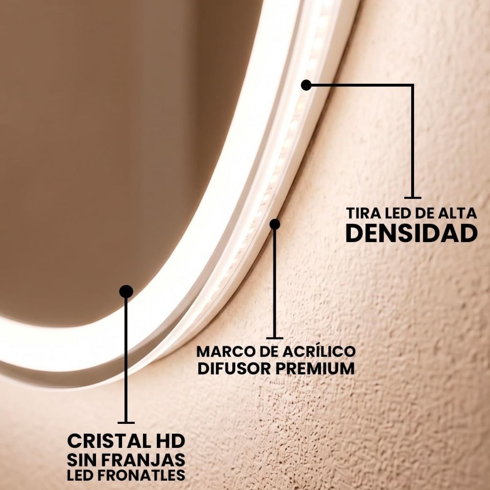 Detalle del panel táctil del espejo asimétrico LED con luz regulable.