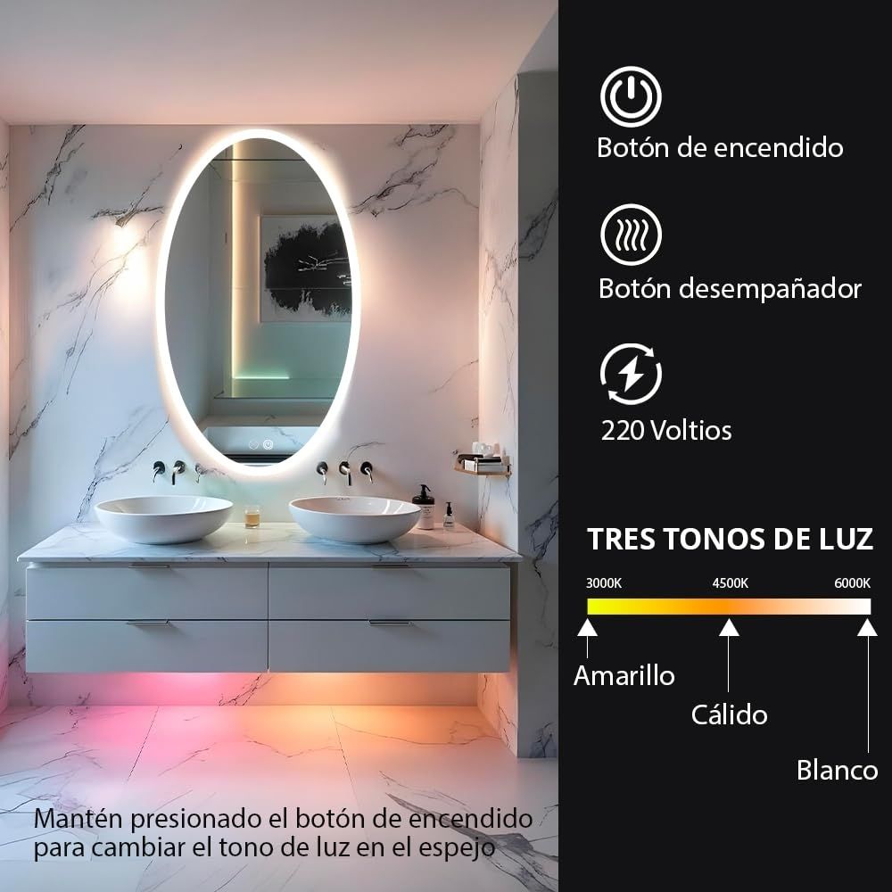 Detalle del panel táctil del espejo asimétrico LED con luz regulable.