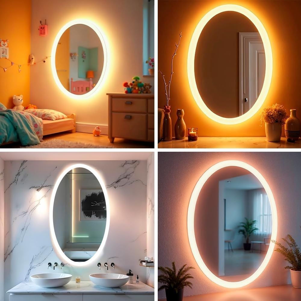 Espejo irregular LED instalado en un cuarto de baño moderno sobre el lavabo.