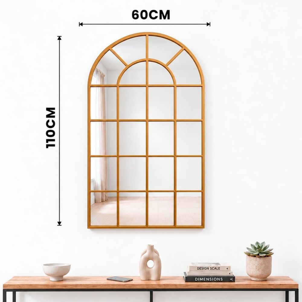Diferentes medidas del espejo ventana metálico Marctani disponibles en acabados negro y dorado.