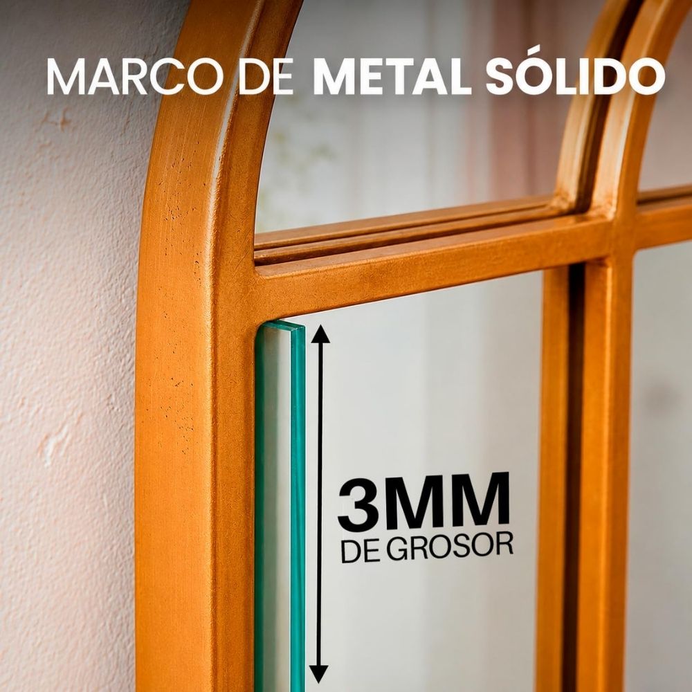 Diferentes medidas del espejo ventana metálico Marctani disponibles en acabados negro y dorado.