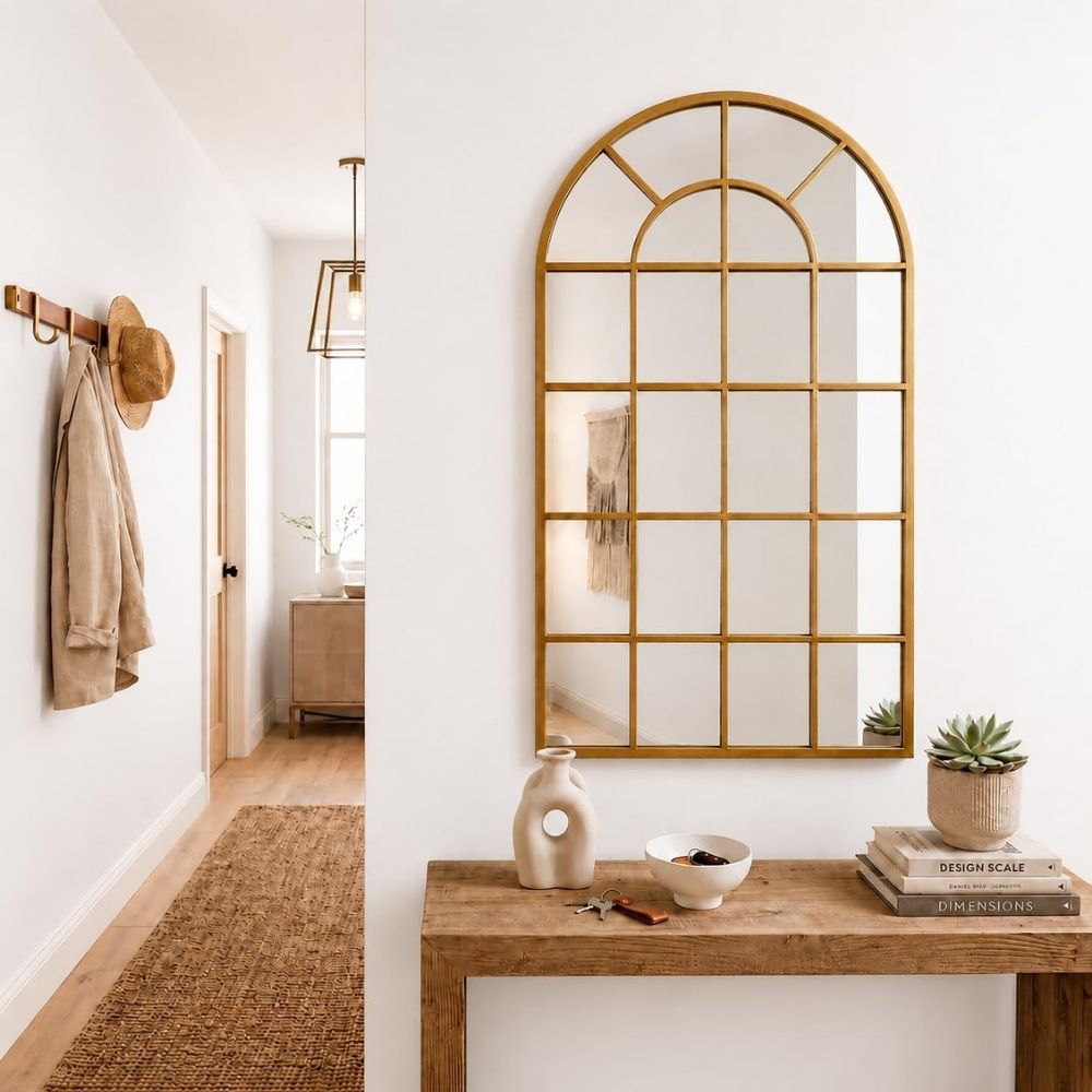 Espejo ventana en forma de arco Marctani con marco metálico dorado en salón moderno.