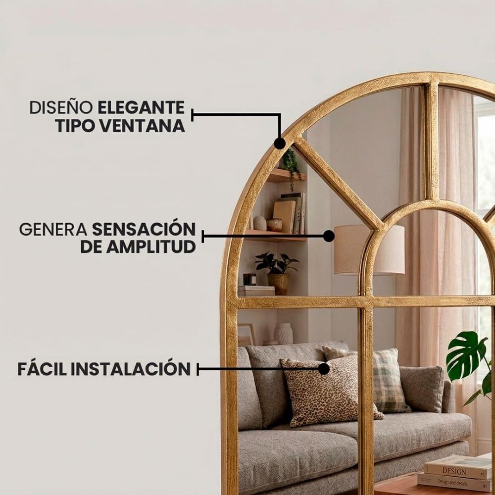 Detalle del marco de metal robusto del espejo ventana de diseño industrial Marctani.
