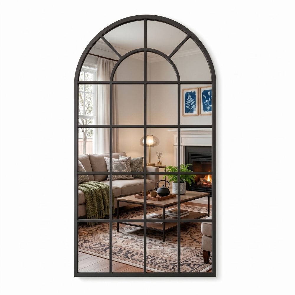 Espejo ventana en forma de arco Marctani con marco metálico negro en salón moderno.